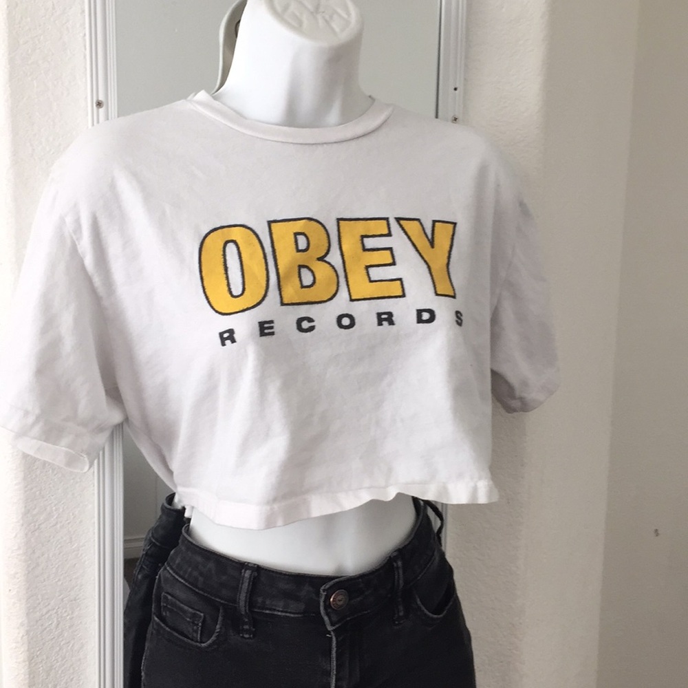 black and yellow obey crop top
